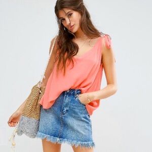 ASOS Coral pink Crepe Crinkle V-Neck shoulder ties bohemian flowy relaxed Top